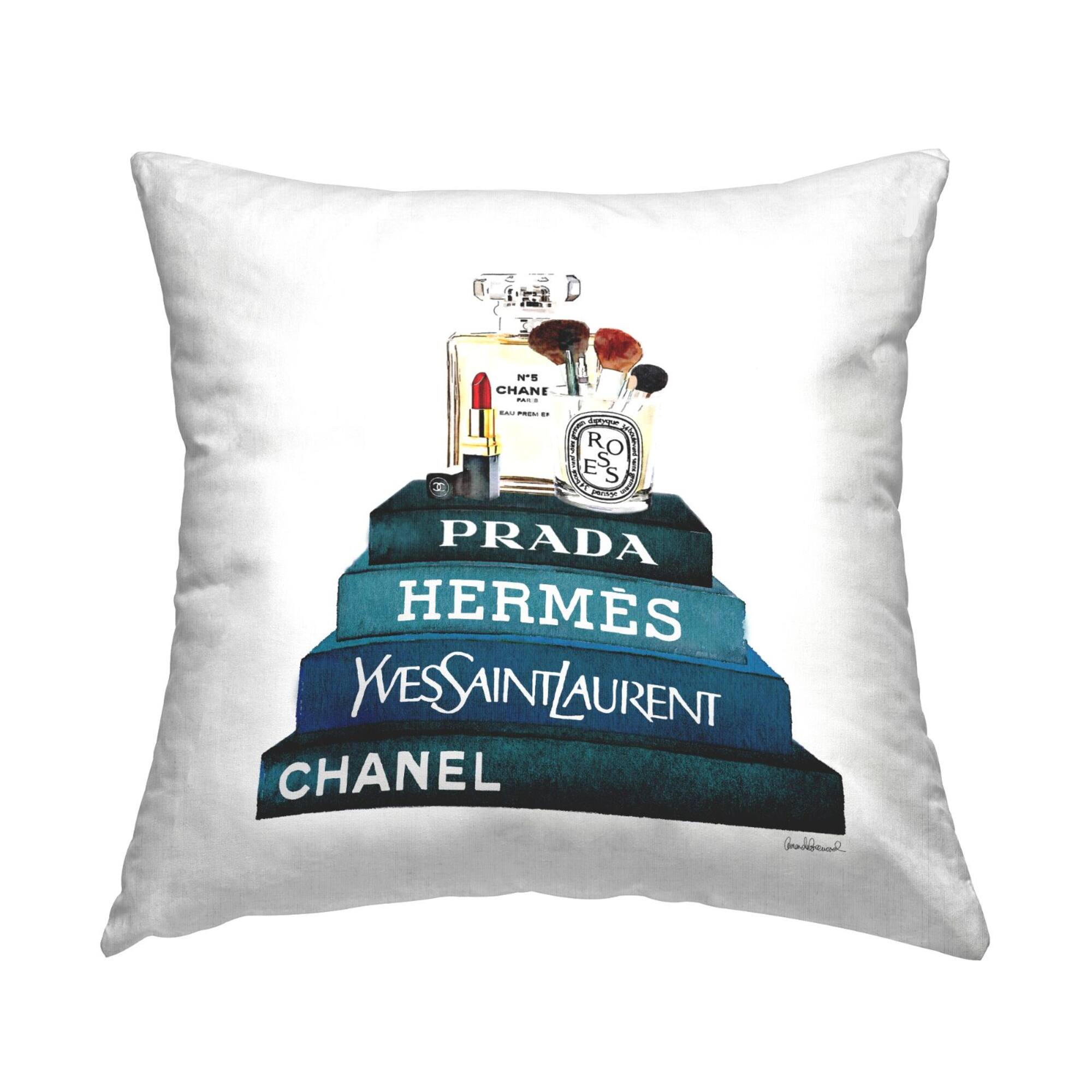 Stupell Industries Blue Fashion Makeup Accessories On Glam Books Throw Pillow, 18" x 18"